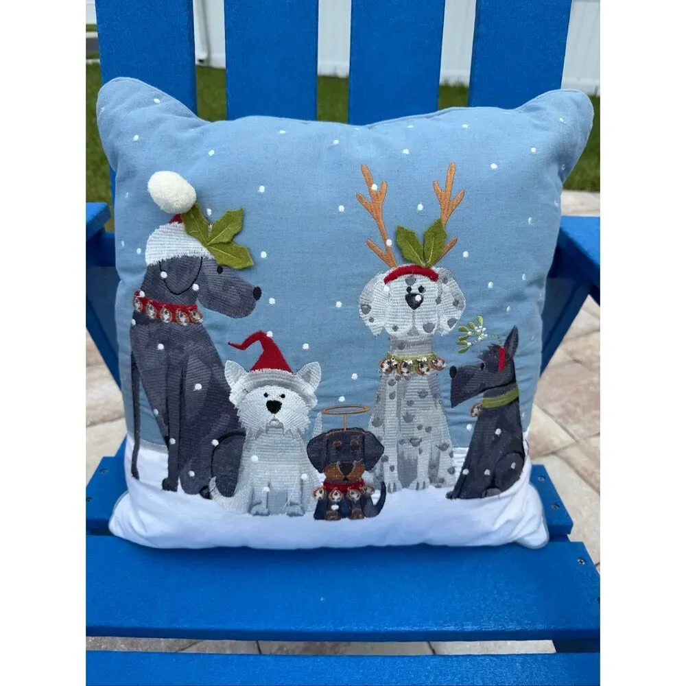 Pier 1 Imports Park Avenue Puppies Christmas Dogs Throw Pillow 18x18 Embroidered